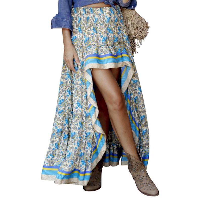 

Plus size dress Women Stylish Elastic High Waist Ethnic Floral Print High Low Hem Long Skirt Floral Printing mini woman Skirt, Blue
