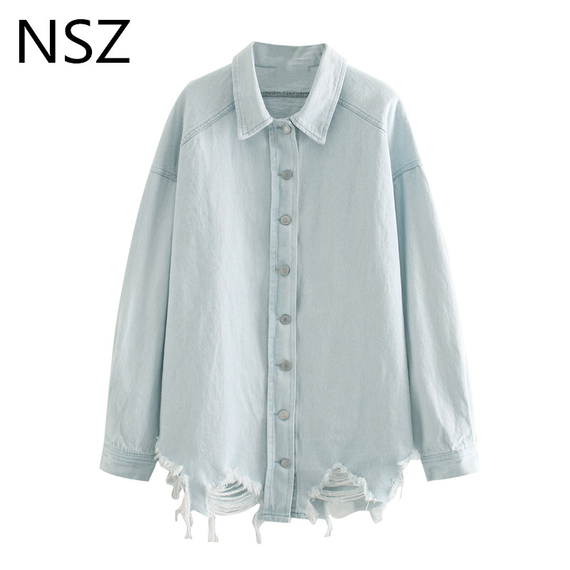 

NSZ women oversized denim coat blouse irregular ripped jeans shirt long sleeve boyfriend style ladies top blusas camisa mujer, Sky blue