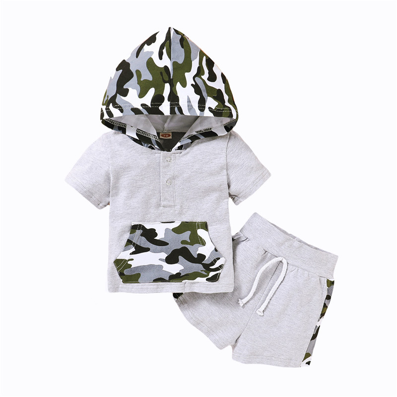 

PUDCOCO New Kids Baby Boys 2Pcs Outfit Set Short Sleeve Hooded Button Camouflage Top Drawing Straps Elastic Band Pants 3M-4T, As pic