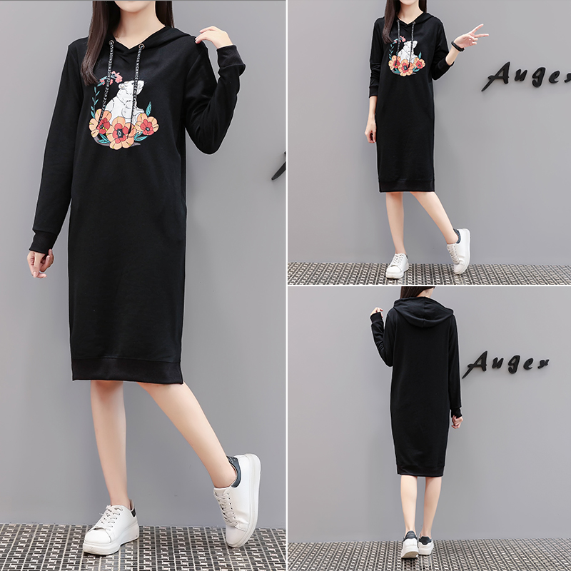 

Autumn Summer Dress Women Cartoon Printing Fashion Hooded Dresses Loose Casual Black Pocket Plus Size Cute Vestidos