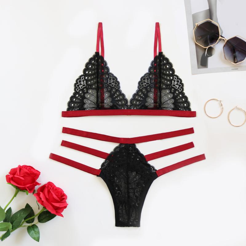 

LOPNT New Sexy lingerie Women's lace Seamless bra set transparent bra black red and panty set Female Floral see through