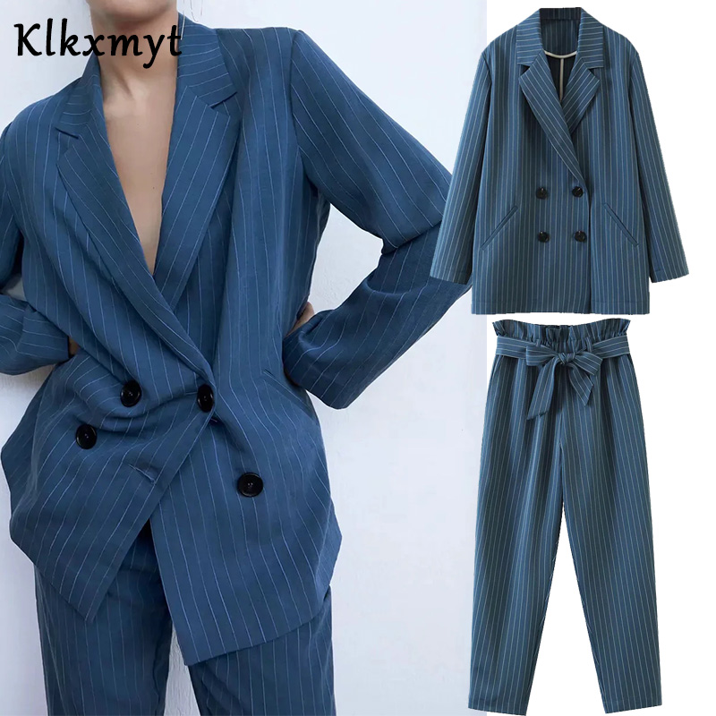 

Klkxmyt 2 pieces sets women england office solid simple stripe double breasted blazers women jackets tops and pants trousers