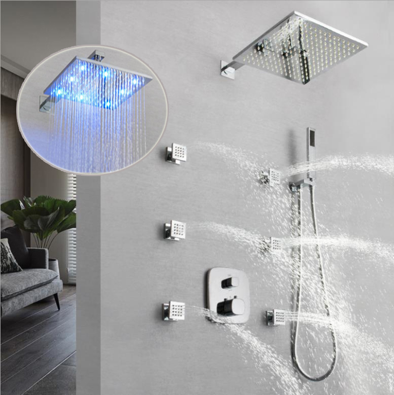 No Need Battery Hydro Power LED Shower Head Rainfall Shower Thermostatic Bathroom Shower Faucets Mixer Massage Body Jets Showers High Flow-image-562331836