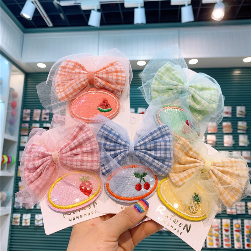 

2 Pcs Children Creative Cute Embroidery Fruit Oval BB Clip Sweet Girl Fashion Beautiful Plaid Fabric Yarn Duckbill Clip Headwear