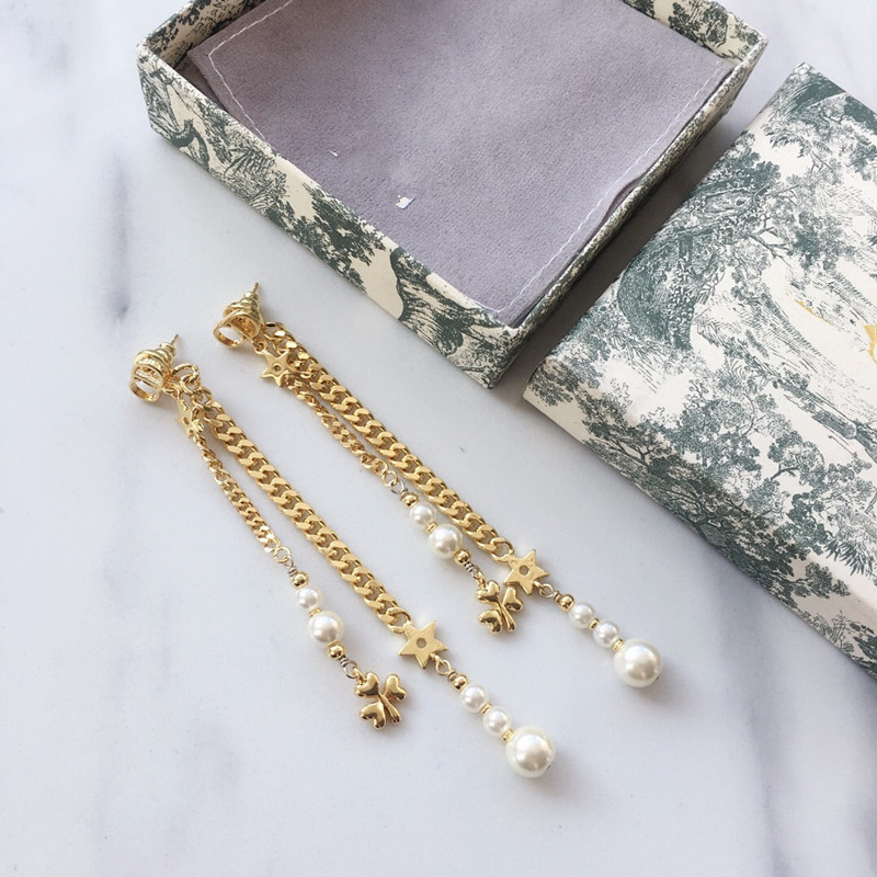 

2020CD Clover tassel pearl earring 925 silver needle female earring accessories High version anti-allergy