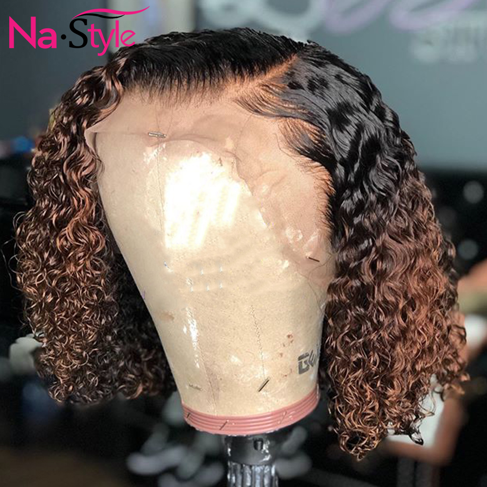 

Ombre Curly 360 Lace Frontal Human Hair Wigs Pre Plucked Pixie Cut Short Curly Bob Wig Glueless Brazilian Remy Hair For Women130, Medium brown