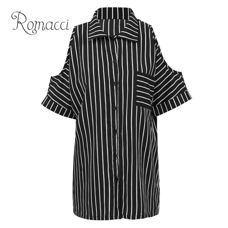 

Romacci Sexy Women Striped Shirt Cold Shoulder Button Short Sleeve Summer Womens Tops and Blouses Irregular Casual Plus Size Top, White