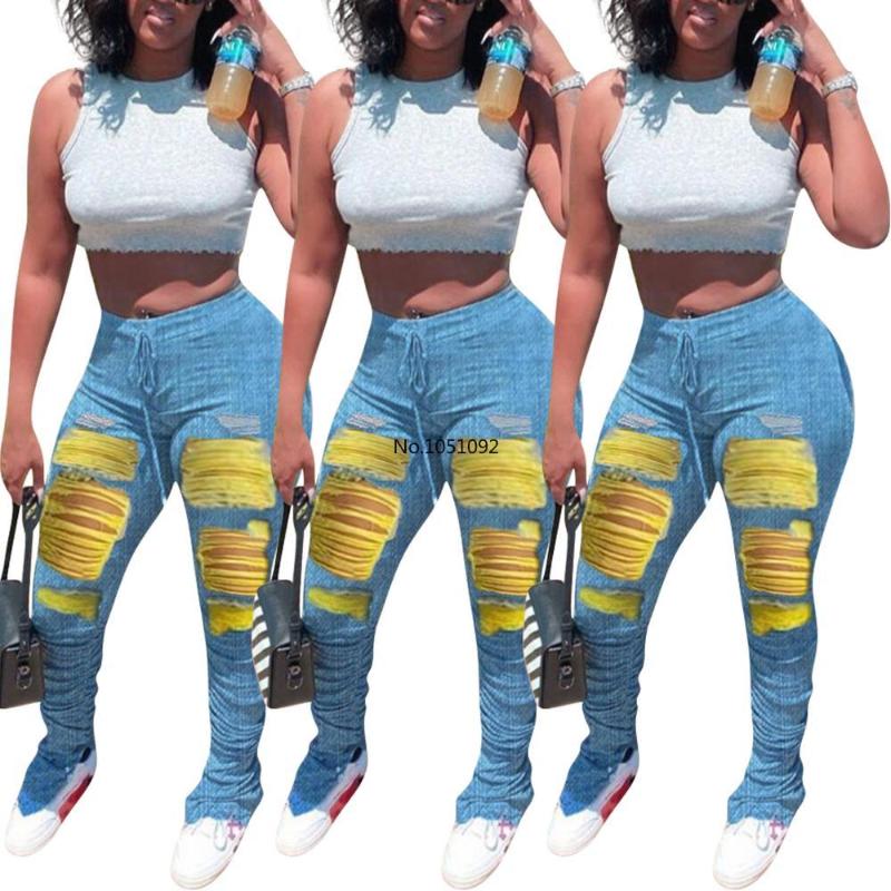 

Hot Style Women' High Waist Colorful Printing Ripped Jeans 2020 Summer New Arrivals Long Stacked Pants Suitable Nightclub Wear, Sky blue