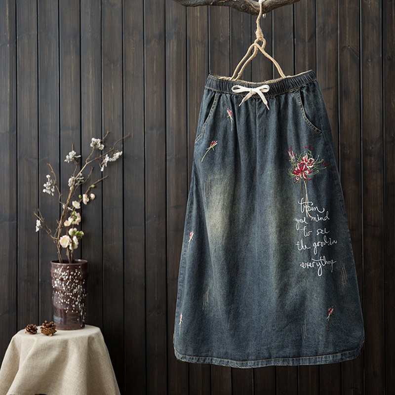 

Jeans Skirt Female Denim Skirt Oriental Clothes Embroidery Drawstring Pocket Casual Loose Vintage 2020 TA1574