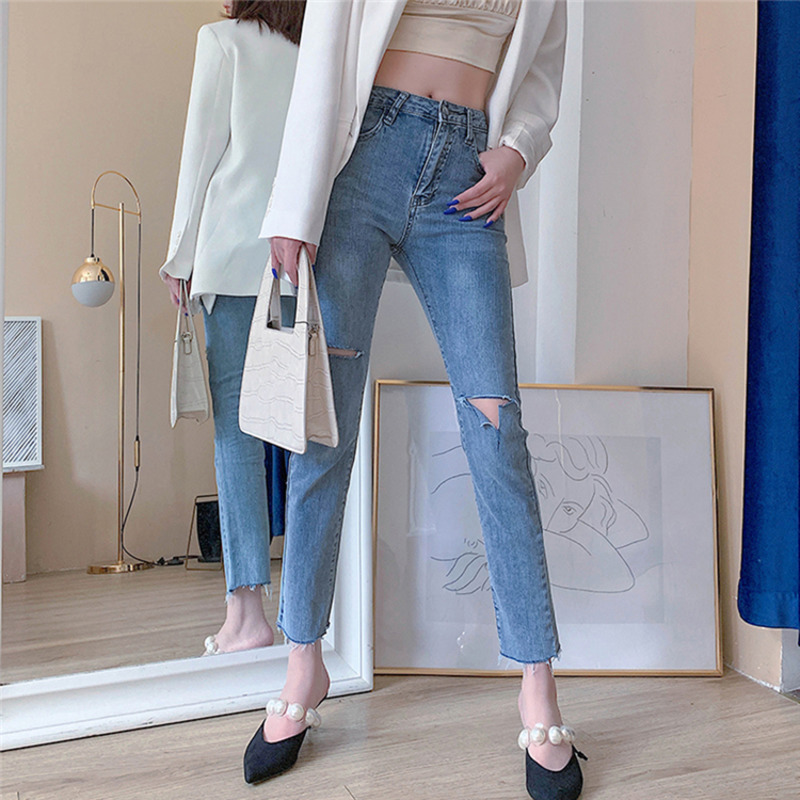 

YOCALOR New 2020 Women Summer Jeans High Waist Casual Trousers Straight Denim Ripped Tassel Streetwear Ankle-Leng Pants, Blue