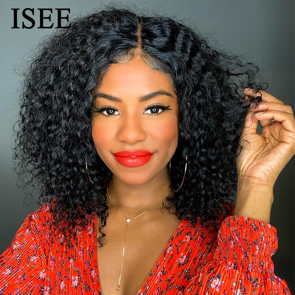 

ISEE HAIR Curly Bob Lace Front Wigs For Women Brazilian Kinky Curly Lace Front Wig 13X4 Lace Frontal Wig Curly Human Hair Wigs, Black