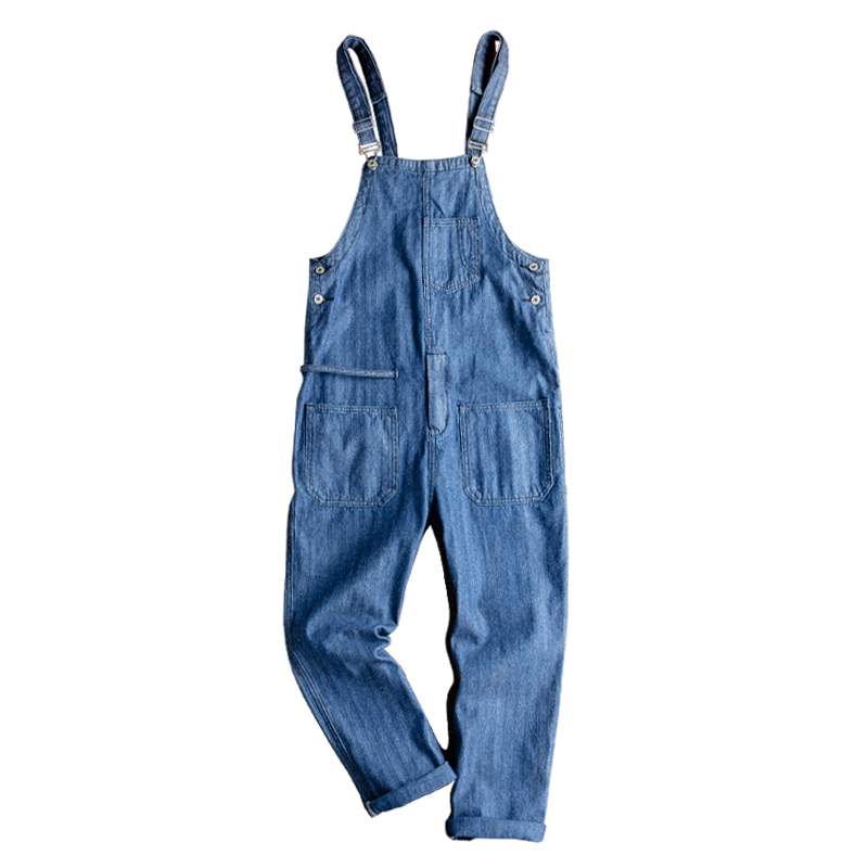 

Men's multi pockets loose straight blue denim bib overalls Casual jeans Youth suspenders jumpsuits