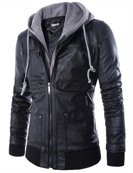 

E-Baihui 2021 Men's Explosive Leather Jacket Two European and American Hooded Detachable Fake Two Men's Motorcycle Leather Jackets 13YP, Black