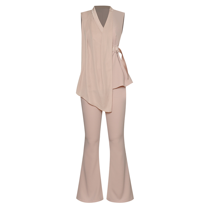 

elegant women clothing set office work suit outfits dusty pink / black blouses v neck buckle belted irregular top + flared pants, Champagne