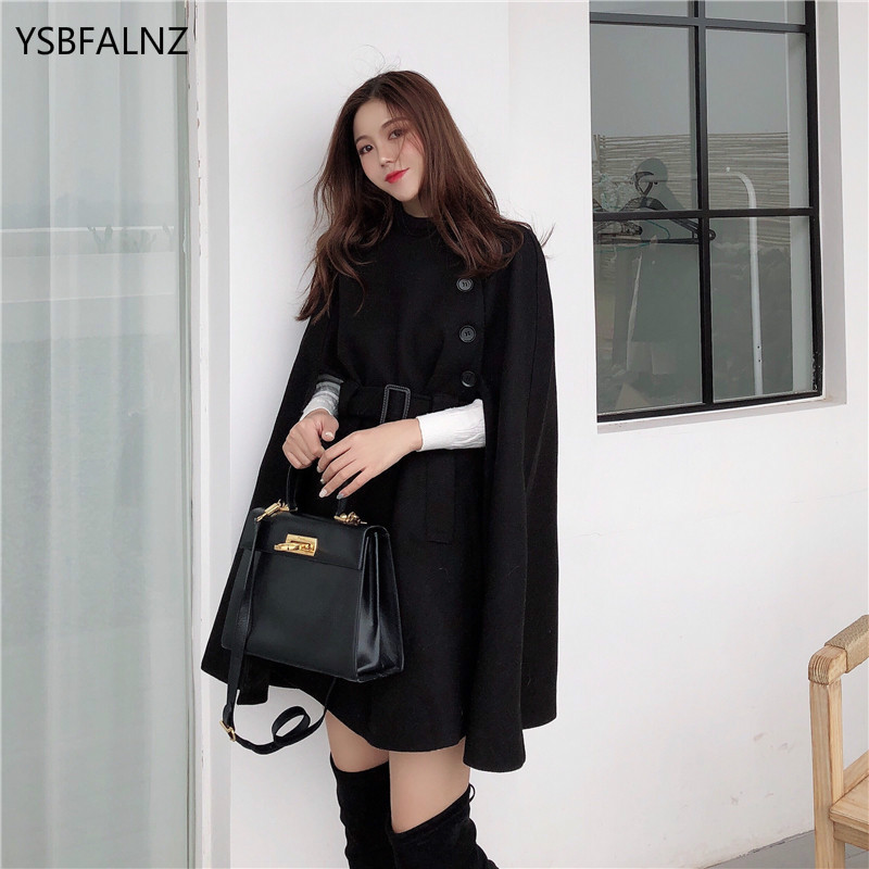 

Korean Style 2020 Loose Cape Coat Collect Waist Woolen Medium Long Clothing Women Winter Tops For Woman Cloak Shawl Belt Clothes, Black