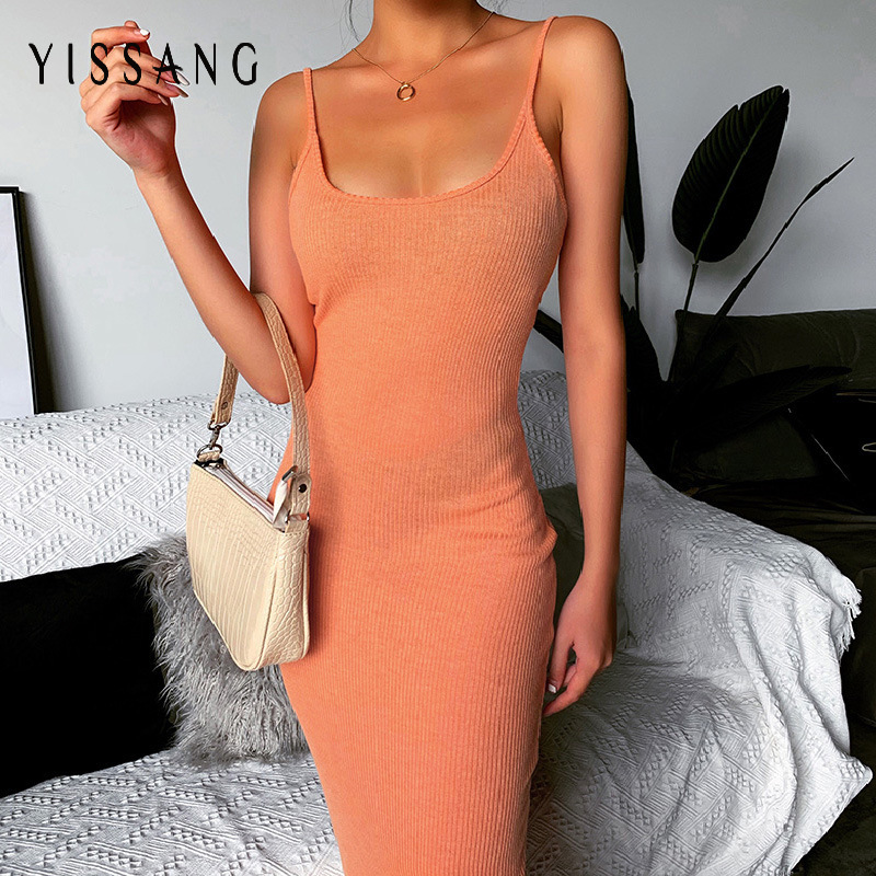 

Yissang Sexy Knitted Sweater Mermaid Bodycon Dress Women Cotton Strap Party Midi Dresses Female Backless Summer Dress Club 2020, Orange