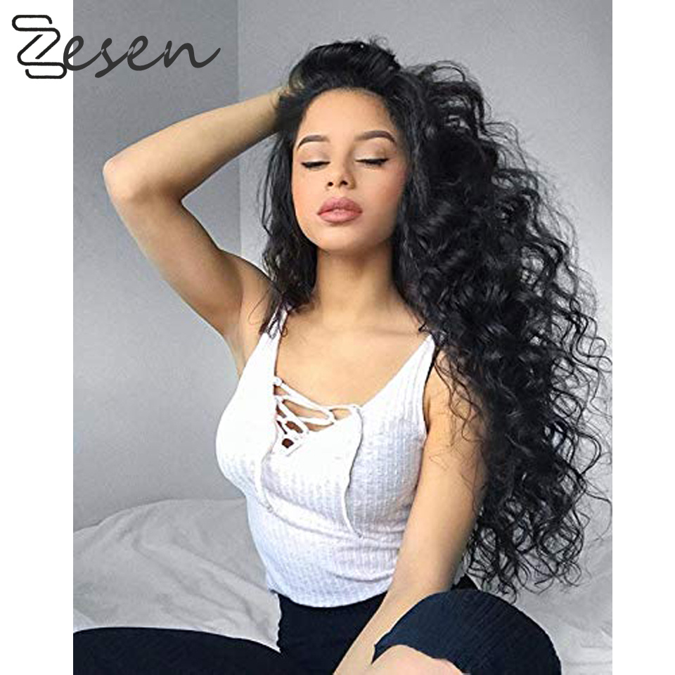 

Long Black Wig Deep Wave High Temperature Fiber Free Part 150% Heavy Density Lace Front Synthetic Wigs For Women