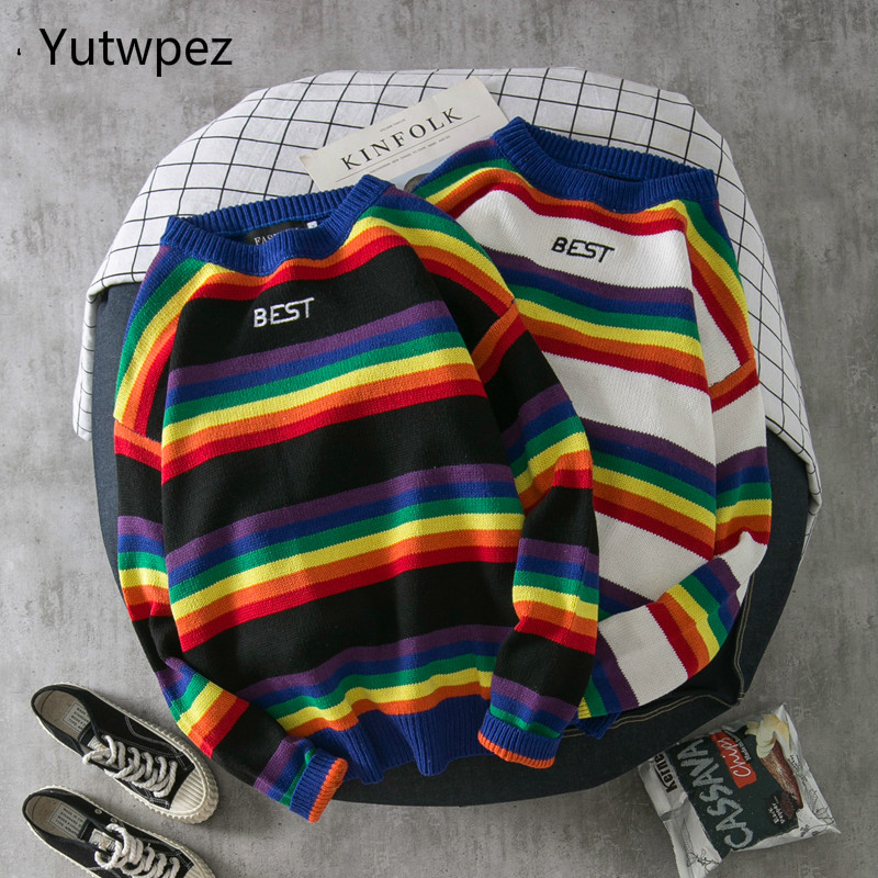 

Pullover Men Korean Clothes O-neck Casual Plus Size Sweater Mens Sweaters Rainbow Striped Pullovers Winter Hot Sale Harajuku Top, Black