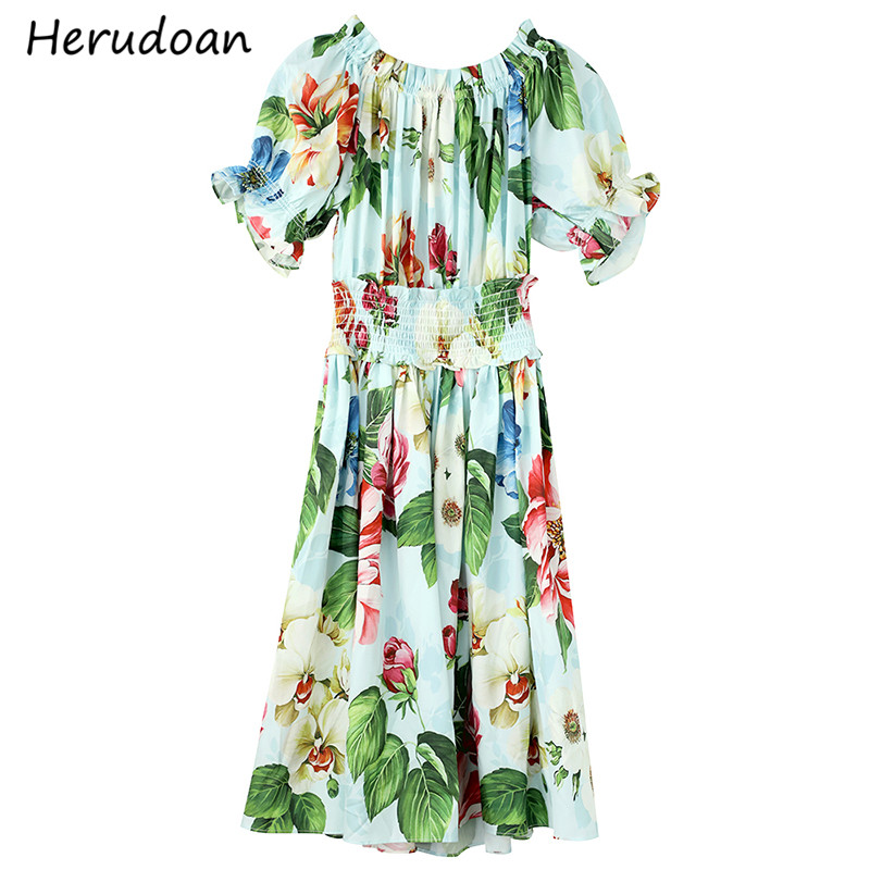 

Herudoan Fashion Runway Summer A-Line Dress Women Elegant Lantern Sleeve Ruffles Elastic Waist Print Vintage Mini Dress Vestidos, Multi