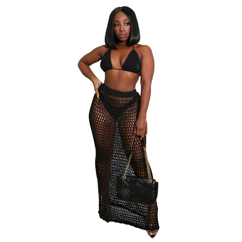 

Sexy See Through Two Piece Set Summer Beach Dress Hand Crochet Knit Hollow Out Bra Top Maxi Skirt Fishnet Cover Up Casual Suits, Black