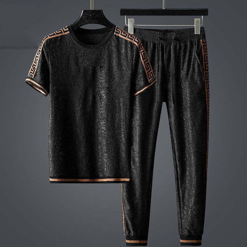 

Summer new men's round neck short-sleeved trousers sports and leisure suit short-sleeved trousers running two-piece suit, Black