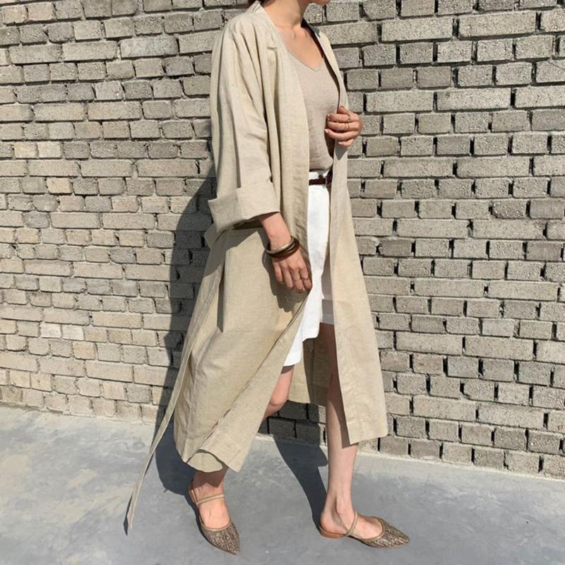 

2020 New Korean Style Trench Coat Women Cotton & Linen Long Coats Solid Loose Sleeved Oversized Autumn Overcoat Casual Outwear, Beige