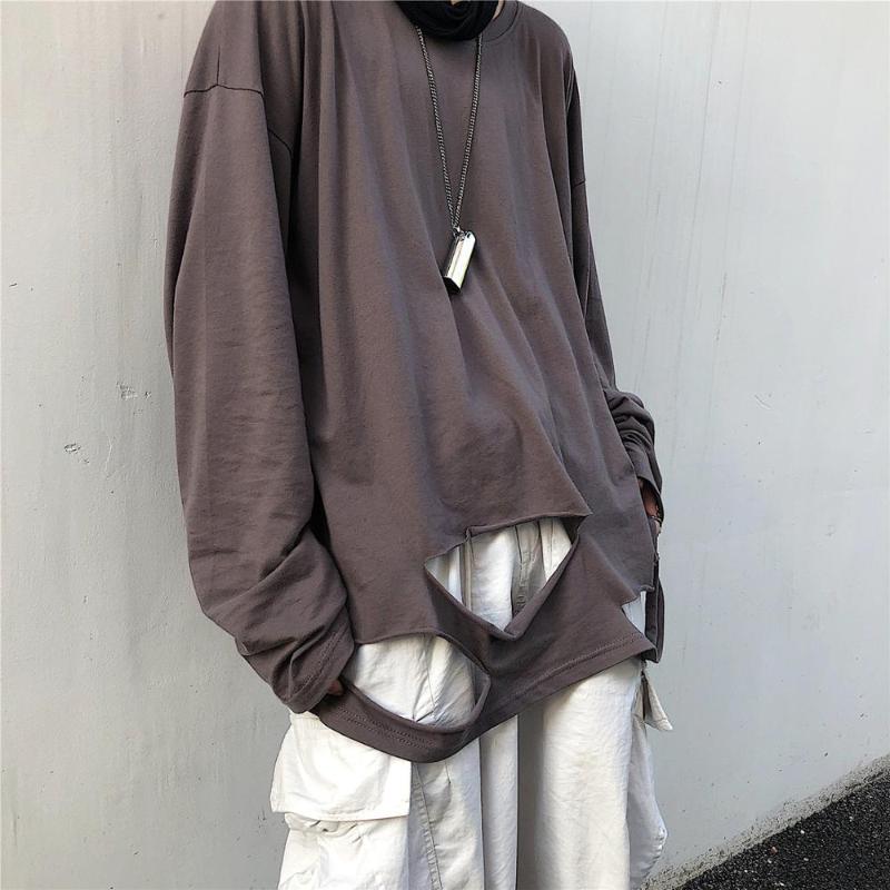 

Punk oversized t shirt men ripped hole vintage hip hop long sleeve tshirt women harajuku Korean style tees tops, Black