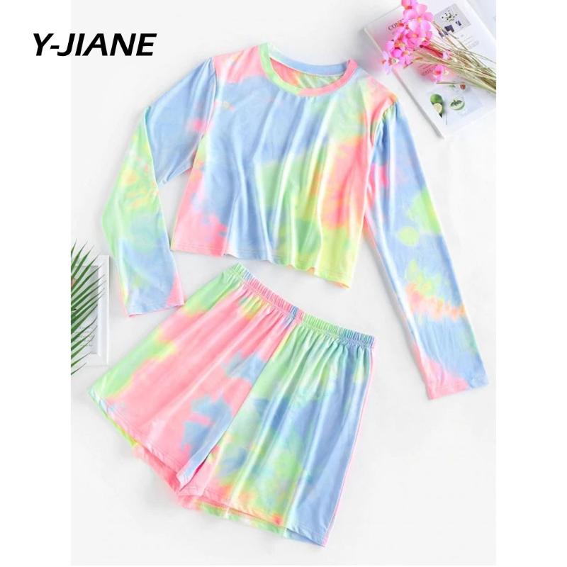

Women Set Summer Tie Dye Long Sleeve Top Shirt Loose And Biker Shorts Casual Two Piece Set Streetwear Outfits Tracksuits#G3, Multi