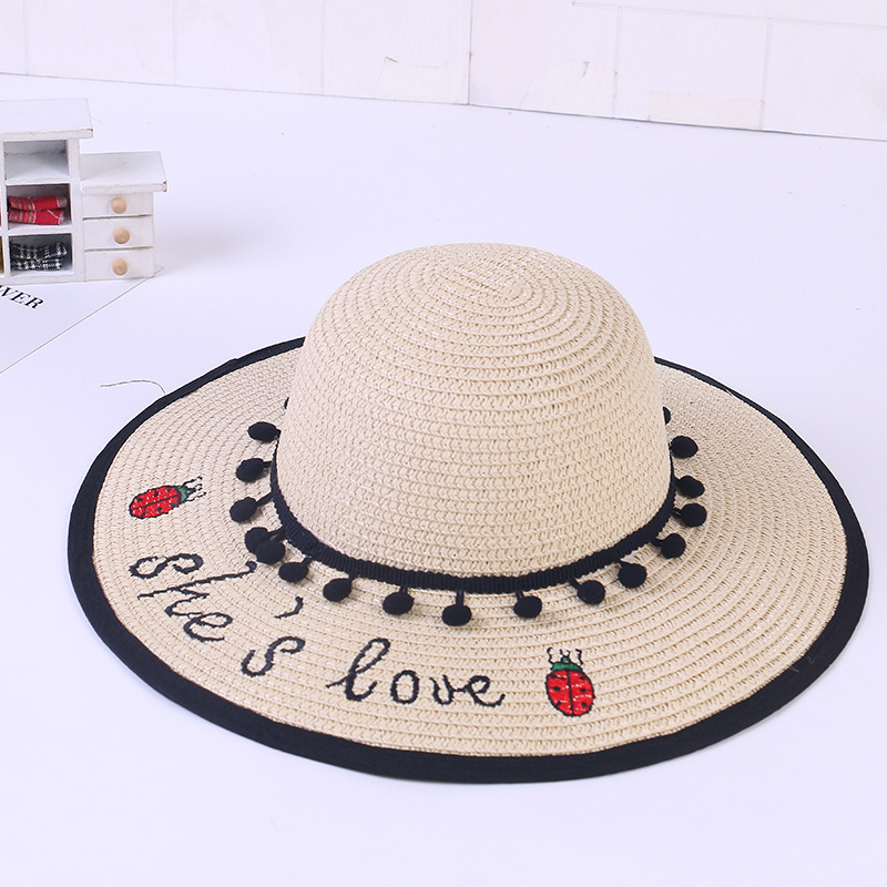 

New Style Summer Fashion CHILDREN'S Straw Hat Embroidered Letters Princess Sun Hat Beach Topee, Beige