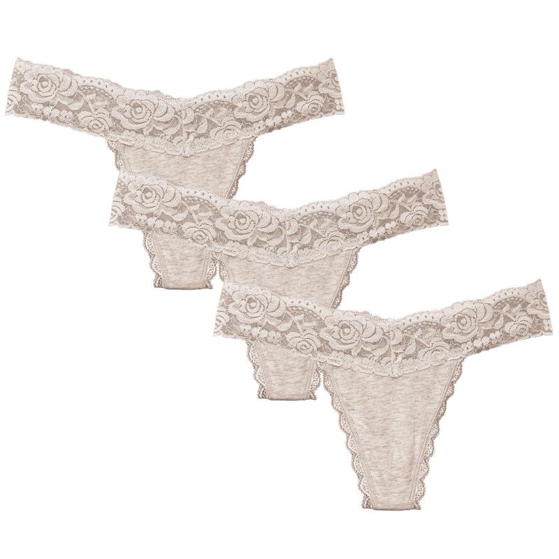 

3Pcs Charming Lace Cotton Women Panties Underwear Sexy Beige Thongs Lingerie European Size G String Tanga Bielizna Damska
