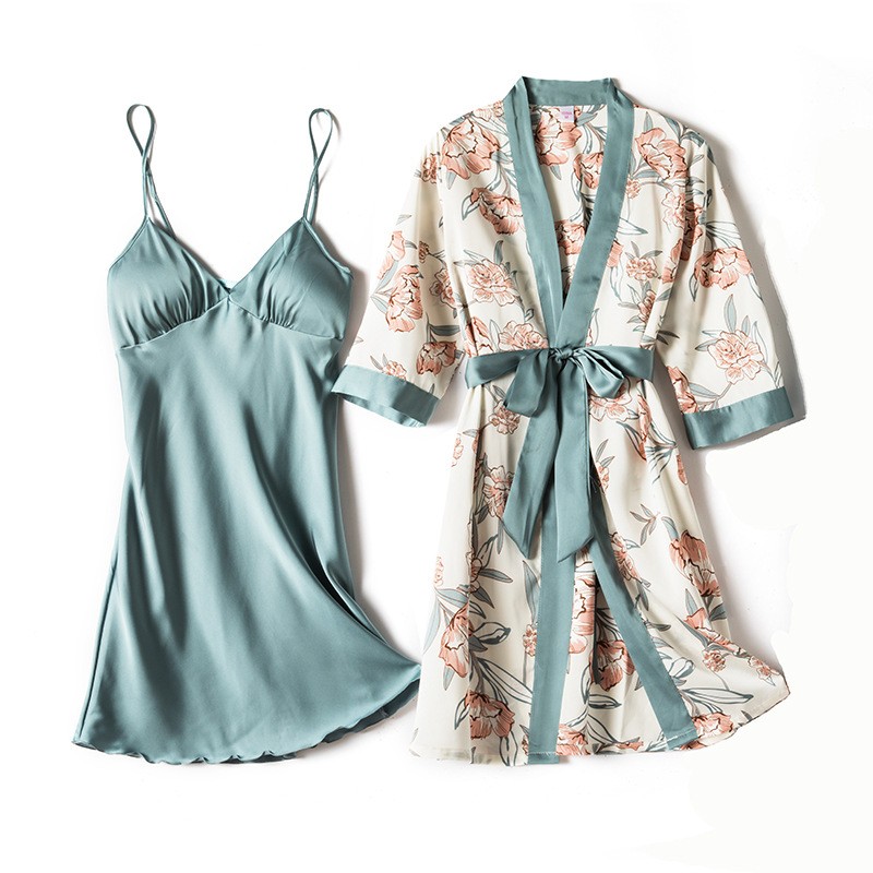 

2020 New Women Kimono Bathrobe Gown Satin 2PCS Sleep Set Intimate Lingerie Sexy Nighty&Robe Suit Print Flower Sleepwear Homewear, Pants green