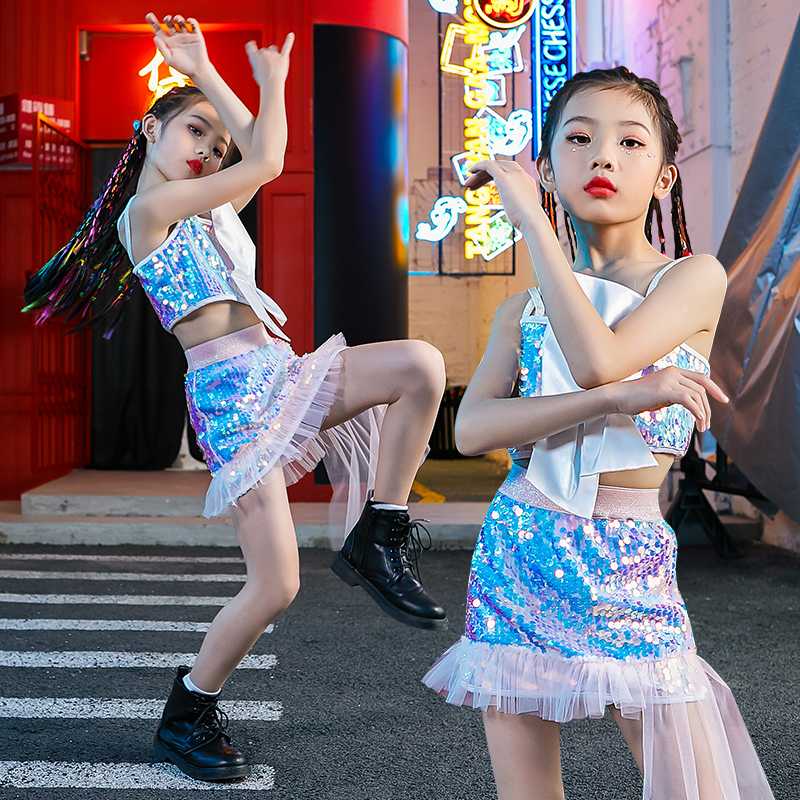 

Girl's Sequined Jazz Costumes Shiny Tops Skirt Hip Hop Kids Jazz Dance Crop Top Children Model Stage Costume Fashion Wear BL4417, Top and skirt