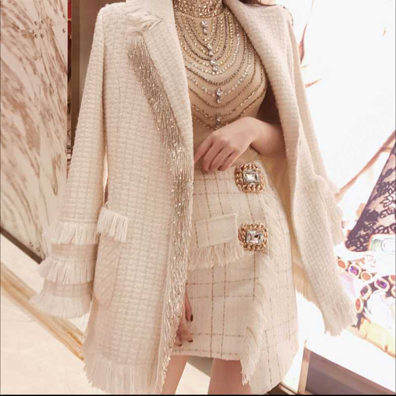 

autumn winter small fragrance vintage tweed woolen coat +mini skirt a-line two piece sets, Beige