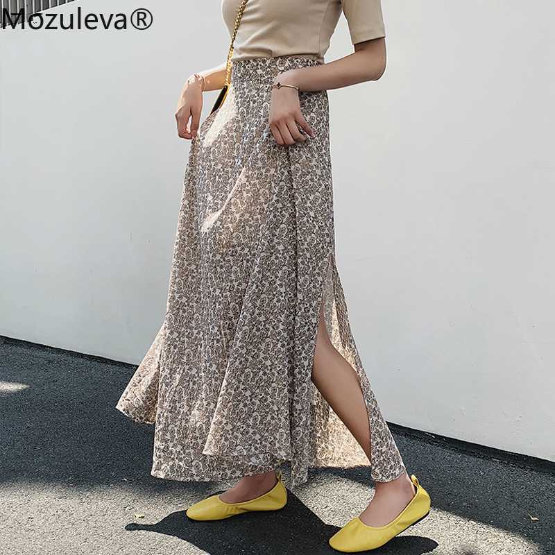 

Mozuleva 2020 Spring Vintage Chiffon A-line Skirts with Lining Summer High Waist Side Split Floral Print Skirts for Women Femme, Black