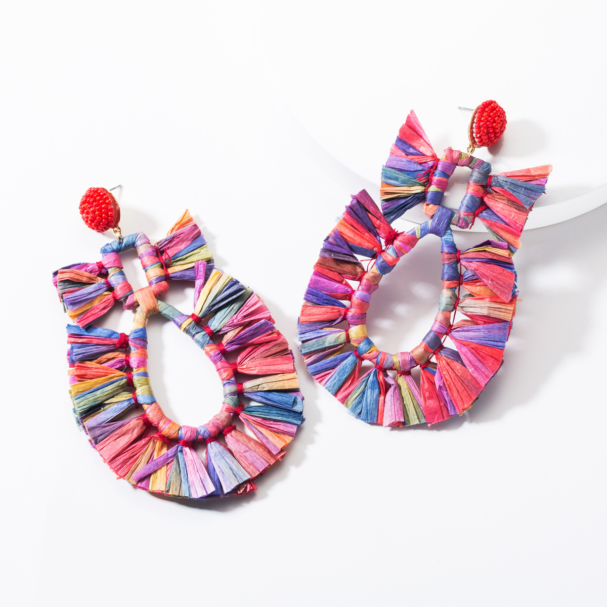 

Fashion exaggerated rice beads multi-layer square drop-shaped hollowed-out Lafite earrings female Bohemian style