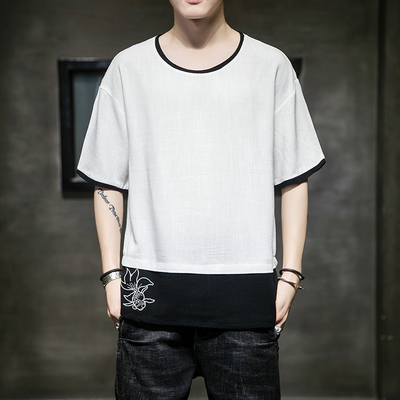 

#0410 White Black False Two Piece T Shirt Men Short Sleeve Embroidery Loose Vintage Casual Streetwear T-Shirt Summer Tee Shirt