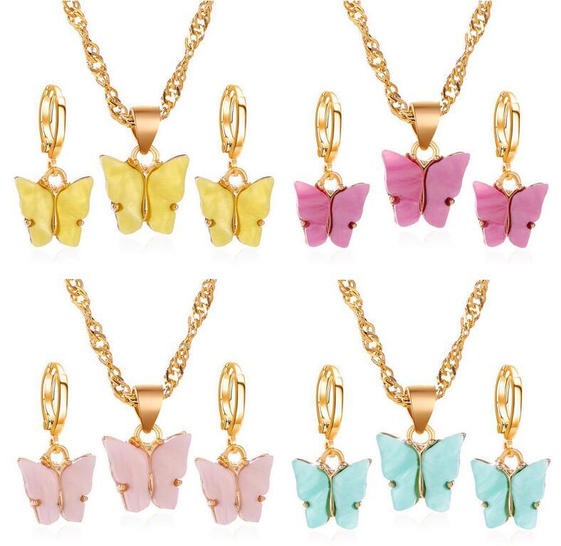 

Butterfly Pendant Necklaces And Earrings Set For Women Girls Fashion Pink Gold Necklace Elegant Choker Fashion Sweet Jewelry Gift, 1 set=earrings + necklace