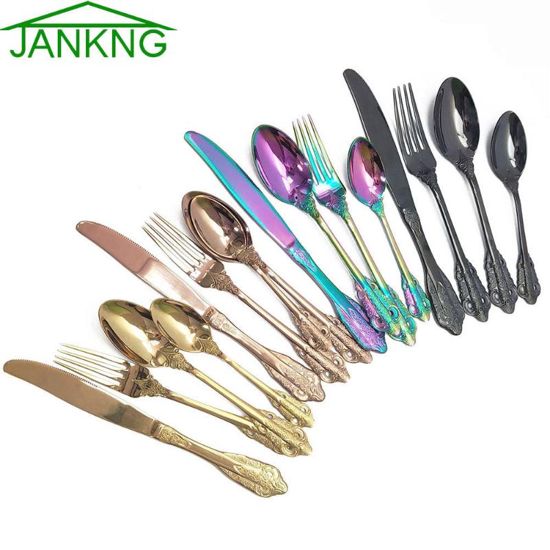 

4Pcs/Set Gold FlatwareSet 304 Stainless Steel Dinnerware Set Knife Fork Spoon Dinner Set Mirror Cutlery Black Tableware