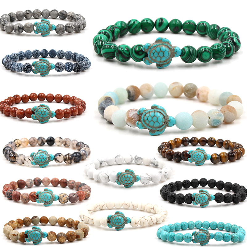 

Beaded Natural stone bracelets blue tortoise strand bracelet sea turtle charm Agate Tiger eye turquoise Lava Stone beads women mens