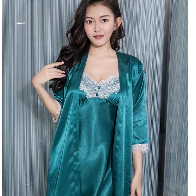

Sexy Lace Women Robe Set Satin Silky 2PCS Sleepwear Female Summer Sleep Set Casual Kimono Bathrobe Gown Loose Home Clothes, Burgundy 2pcs