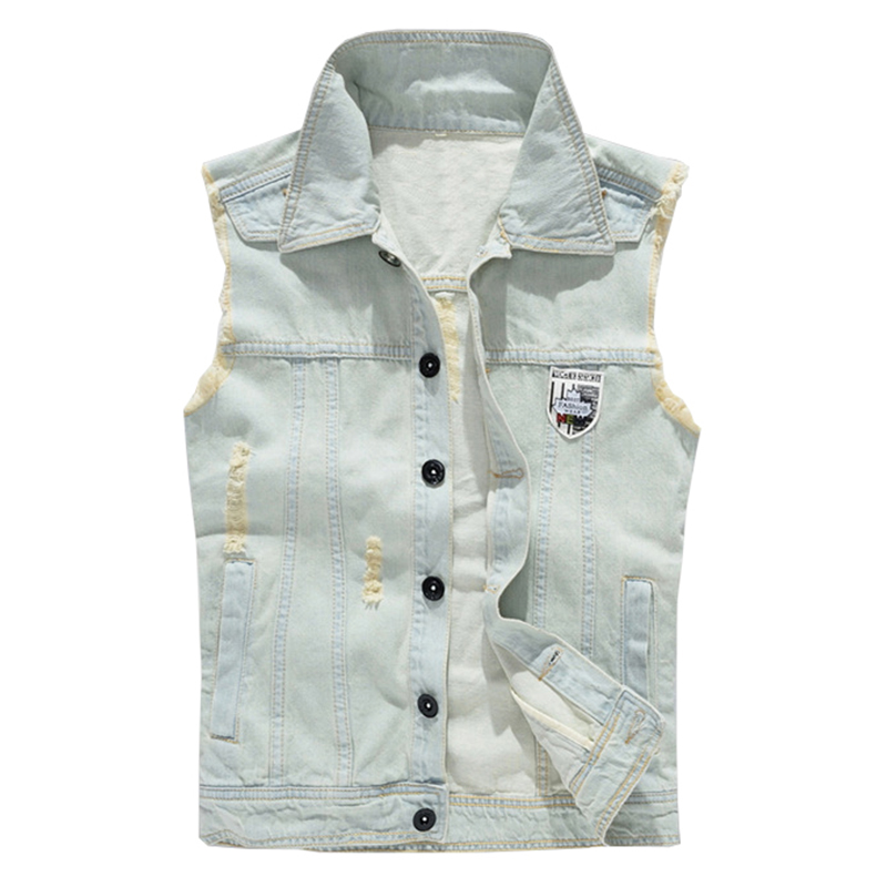 

Men's vintage retro light blue ripped fringe denim vest Casual badge holes waistcoat Tank top