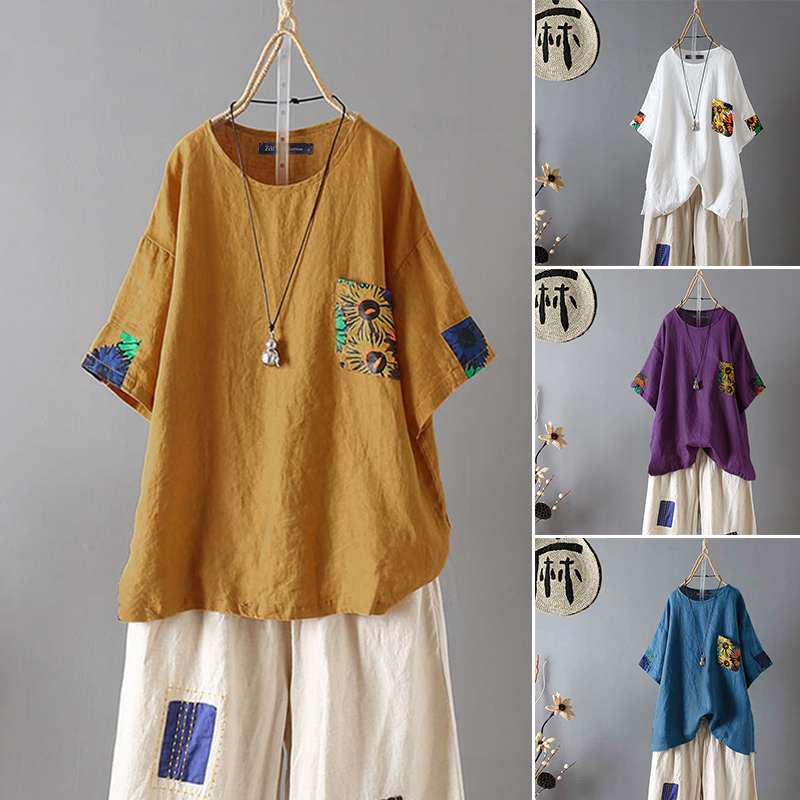 

Women' Patchwork Blouse 2020 ZANZEA Fashion Summer Tops Causal Short Sleeve Shirts Female Printed Blusas Oversized Tunic 5XL, Blue