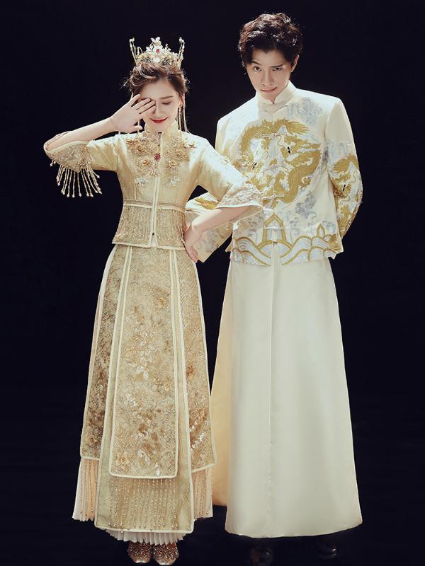 

High quality Chinese Wedding Dress Female Cheongsam Champagne Slim Chinese Traditional Women Qipao for Wedding Party