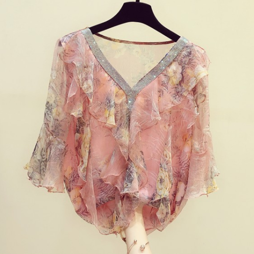 

Floral Chiffon Shirt Female 2020 Summer Top New Ruffled Shirt V-neck Hot Drilling Bell Sleeve Blouse Blusas Ropa Mujer Nancylim, Pink