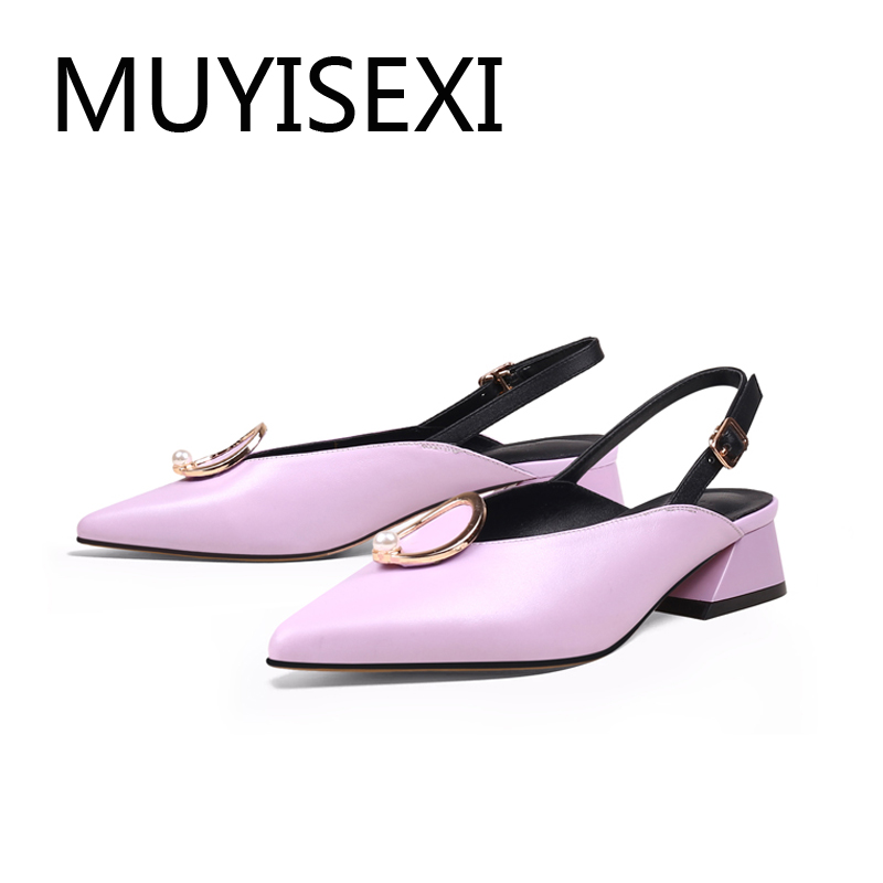 

Pumps slingbacks metal decorations genuine leather pointed toe 3cm low heels shallow elegant simple shoes women HL226 MUYISEXI, Black