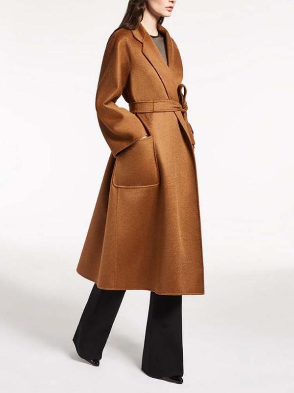 

WQJGR High Quality 100% Cashmere Long Coat Women Turn-down Collar Sashes Cashmere Coat Women, Beige
