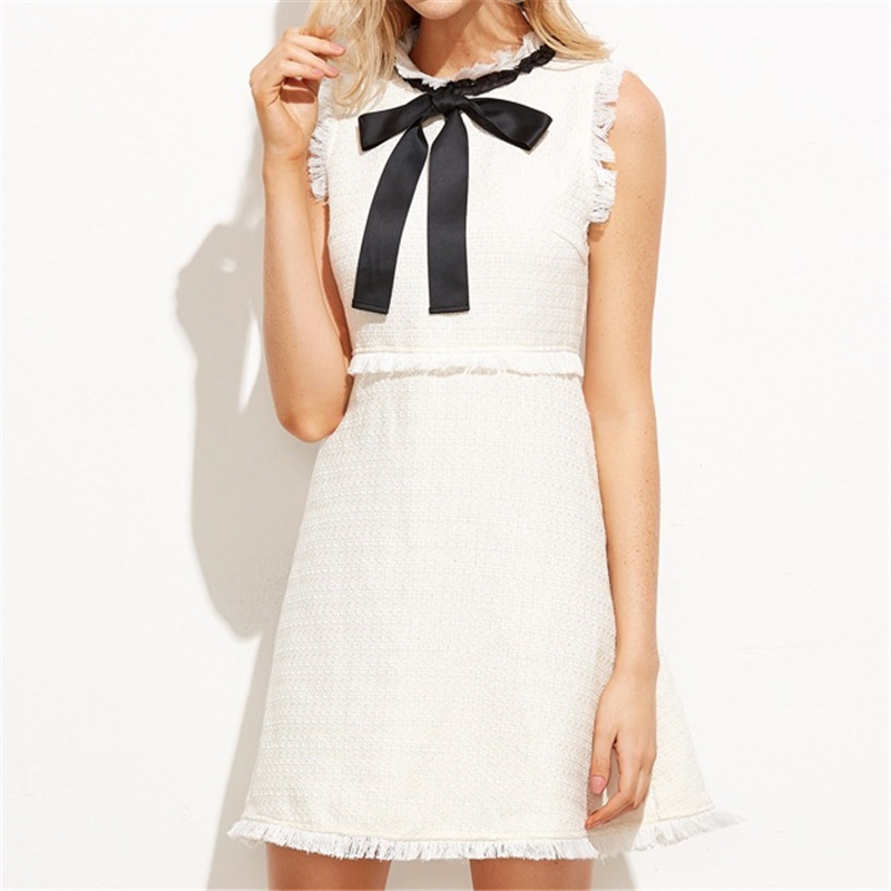 

Summer White Dress Women 2020 Bodycon Elegant Sleeveless Dress Streetwear A Line Tassel Tweed Ladies Midi Bow Dresses