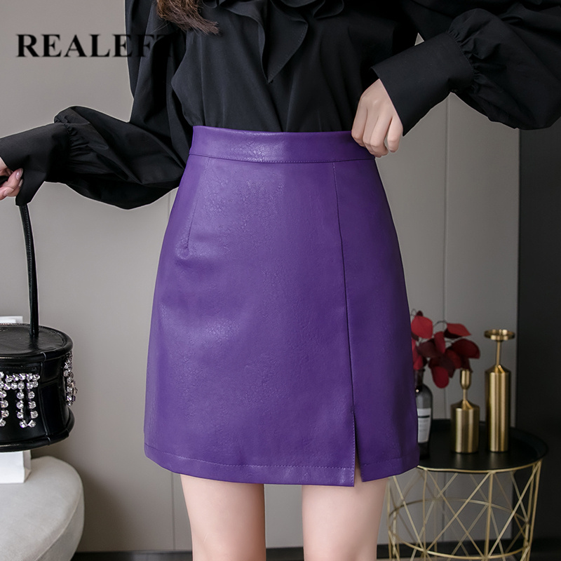 

REALEFT Purple PU Leather Wrap A-Line Skirts Autumn Winter Solid Women' Skater Skirt High Waist Sheath Sexy Mini Skirts Female, Black