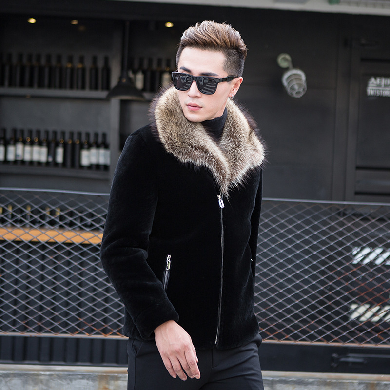 

100% Wool Winter Coat For Men Warm Luxury Natural Raccoon Collar Long Parka Genuine Fur Jacket Plus Size LX2471, Black
