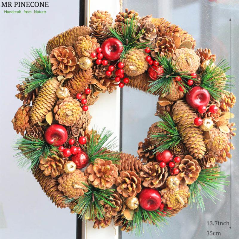 

D13.7" Pinecone Wreath Christmas Wreath Wedding Decoration Home Decor Berry Apple Autumn Harvest Decor Gold Handcraft Hangers, As pic